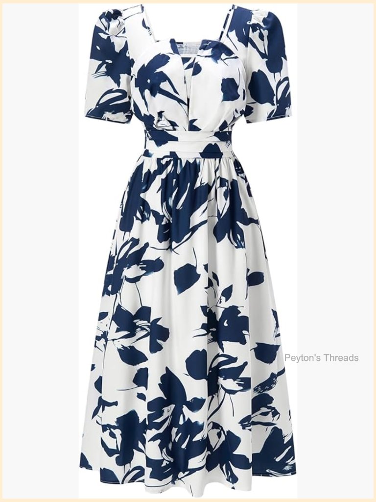 Boho Print Puff Sleeve Dress Square Neck A Line Flowy Midi